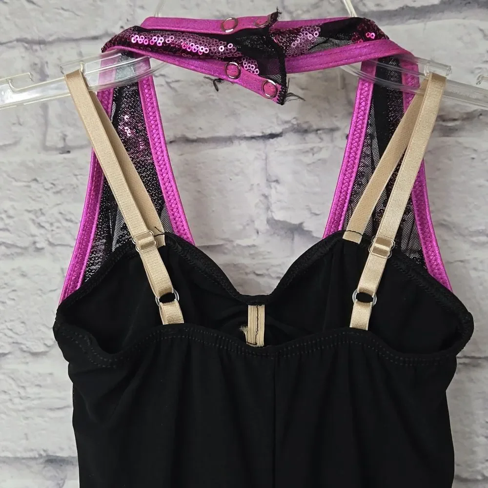 Girls Weissman Pink Sequin Halter Biketard Sleeveless Mesh Leotard Dance Costume